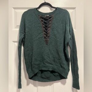 Express Green Lace-Up V-Neck Sweater
